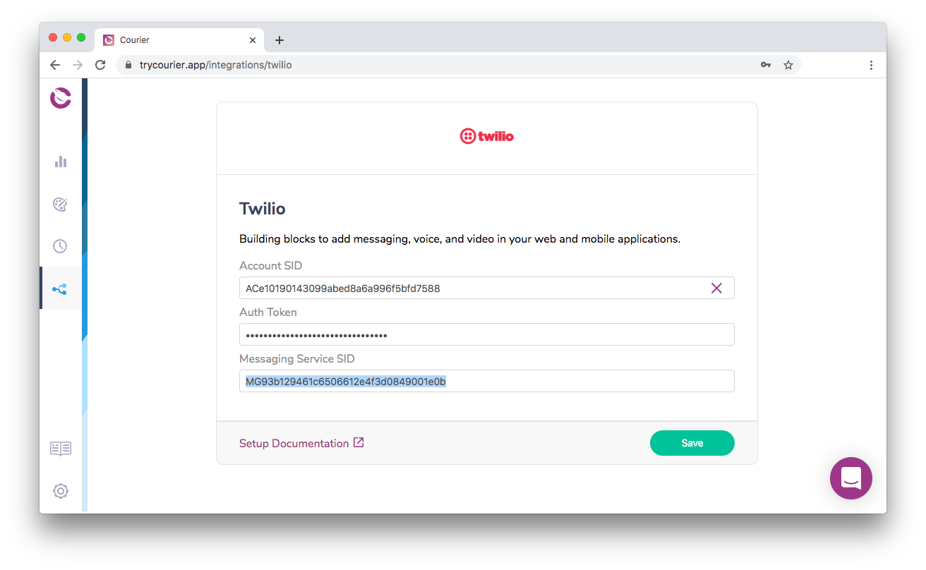 Courier's Twilio Configuration Page