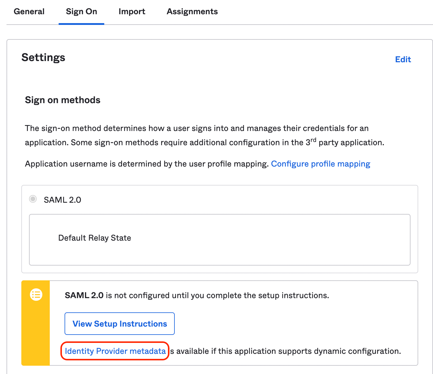 Identity Provider metadata link