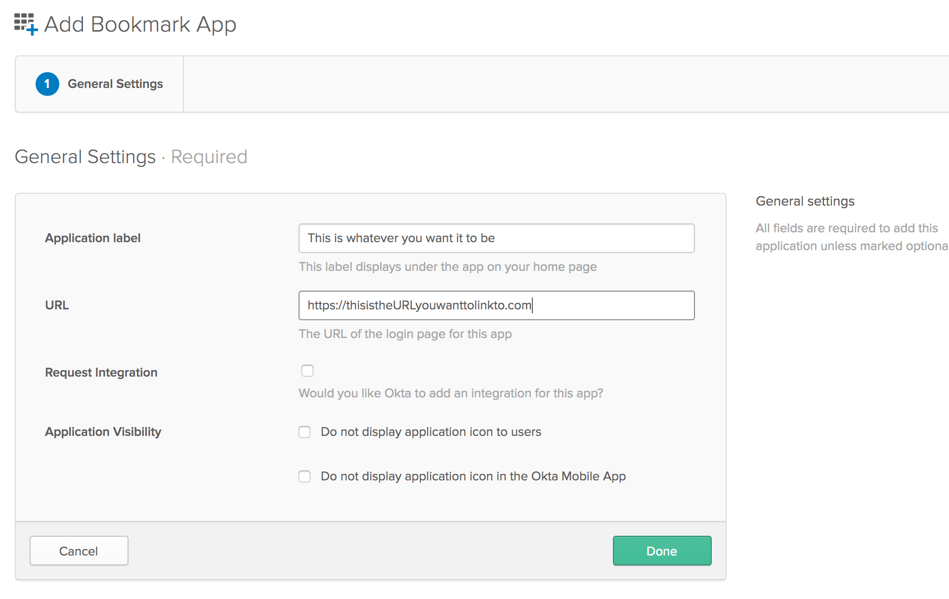 Okta Bookmark App Settings