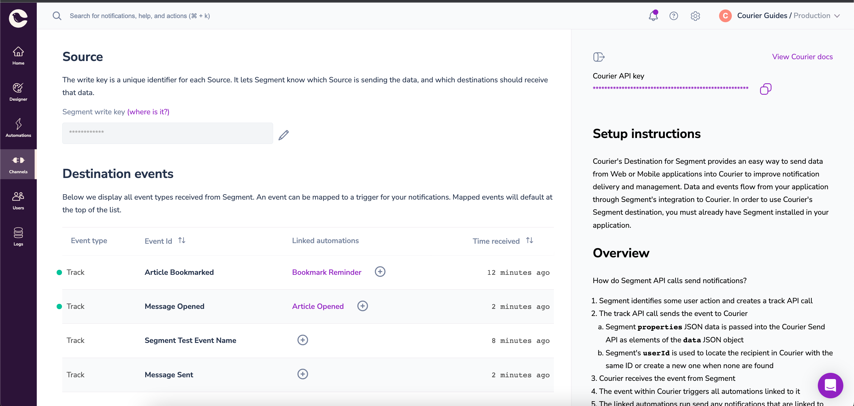 Courier - Courier Events from Segment Configured