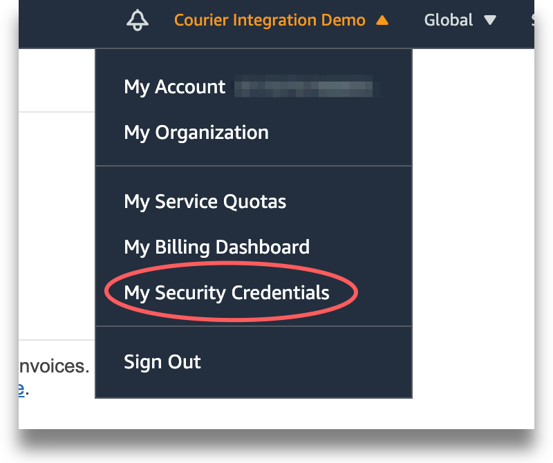 AWS SES Settings Dropdown