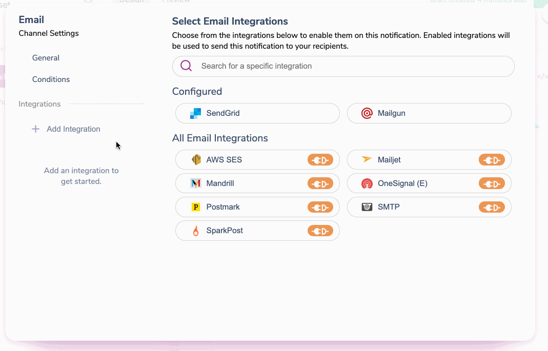 Adding a configured email provider in the channel settings.